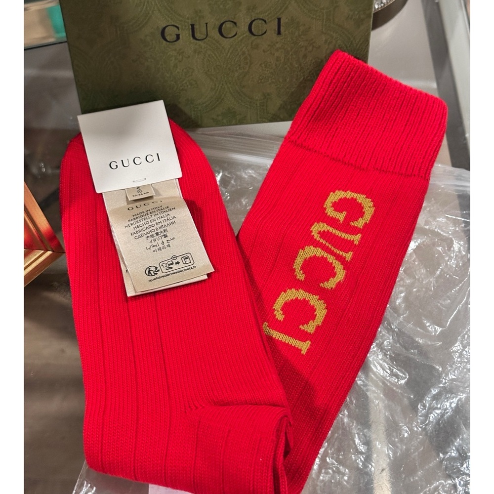 🩷💯🆕Authentic Gucci intarsia Cotton Blend Ribbed Long knit logo socks - Picture 10 of 12